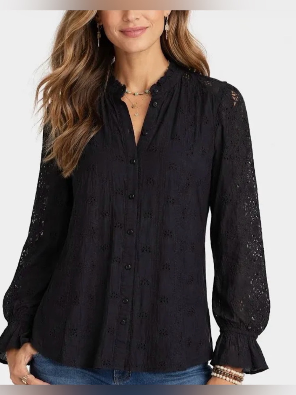 Sundance women’s Broderie Black Eyelet Lace Blouse Ruffle with cami size M